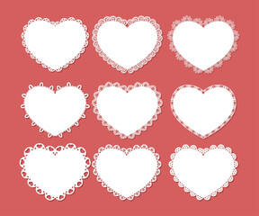 Set of Decorative white heart doily border, Vintage round lace paper doily frame, Paper Cutout Design, paper cutting, laser cut heart frames. cute template for baby shower, wedding and scrapbooking.