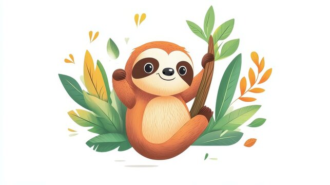 recommend clip art: A charming cartoon sloth dangles playfully from a branch, set against a clean white backdrop with fun textures.