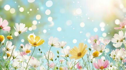 Fototapeta premium Beautiful Cosmos Flowers in Summer Garden with Bokeh Lights