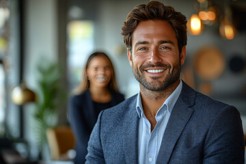 Fototapeta premium Smiling man in a suit and blue shirt.