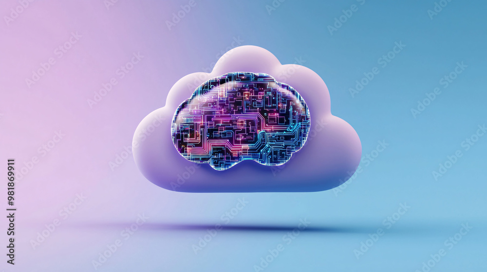 Poster abstract cloud icon with ai brain circuits inside, symbolizing technology and innovation. this image