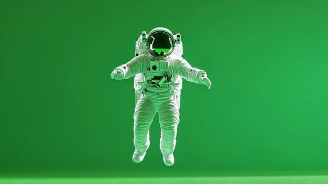 Astronaut floats effortlessly in front of a green screen, embodying zero gravity in a sleek space suit, hinting at the exciting future of space travel