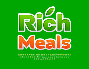 Vector eco template Rich Meals. Artistic Green 3D Font. Creative Alphabet Letters and Numbers set.