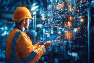 Industrial Worker Using Digital Tablet in Factory