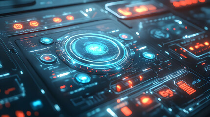 Obraz premium 3D Holographic Voting Machine Interface Concept: Futuristic Design with Glowing Buttons, Features Showcase, and Copy Space for Instructions