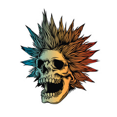 A skull with an open mouth and a punk rock hairstyle. T-shirt design, stickers, print.