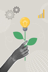 Modern halftone collage. Concept of the idea, present the idea, collect, business plan. Business creative illustration for web banner, marketing material, business presentation.