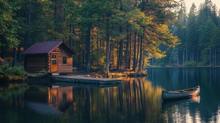 Fototapeta premium Serene Lakeside Retreat in Autumnal Forest Wonderland