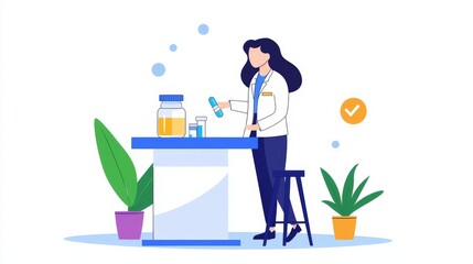 Pharmacist labeling patented medicines, modern pharmacy, flat design illustration