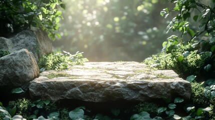 Obraz premium Sunlit Stone Platform in Lush Garden Generative AI