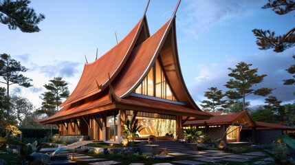 Ornate Southeast Asian Wooden Temple with Iconic Peaked Roofs in Lush Tropical Landscape