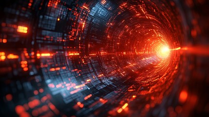Obraz premium A digital tunnel with glowing orange lines and a bright light at the end, symbolizing a journey into the depths of virtual reality