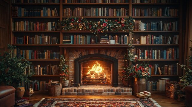 Cozy Library with Fireplace and Books – Generative AI - Powered by Adobe