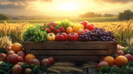 Vibrant Fruit and Vegetable Harvest in Wooden Crate Generative AI