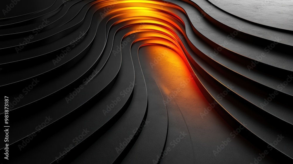 Wall mural Abstract wavy pattern with glowing orange highlights on dark surface.