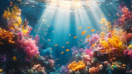 Fototapeta premium Underwater Scene with Sunbeams Illuminating Colorful Coral Reef and Fish