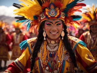 Handdoek met foto Carnaval women dancers at Oruro Carnival in Bolivia.  © shrinay