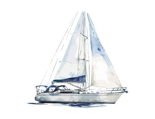 Watercolor illustration of a sailboat on the sea with white background