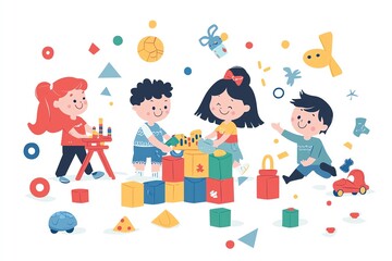 Happy Children Playing with Colorful Building Blocks &ndash; A Cheerful Illustration of Creativity, Fun, and Early Childhood Development in a Playful Environment
