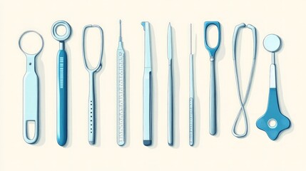 A set of surgical instruments, illustrated with a clean, professional style on a light, minimal background, with soft shadows.