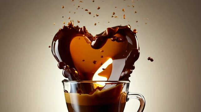 Coffee splashes form perfect heart shape above glass cup. Rich brown liquid in mid-air, frozen in time. Warm lighting accentuates amber tones. Droplets scatter around, adding dynamic energy. 