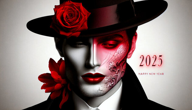 Portrait eines Mannes mit einem Hut mit Kamelien und einer eigenartigen Haut.