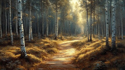 Obraz premium A path through the golden light of a birch forest, bathed in sunlight, invites you to explore the hidden secrets of nature