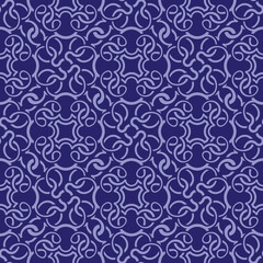 A decorative pattern featuring intricate swirls and shapes in a deep blue background, suitable for textiles or wallpapers.