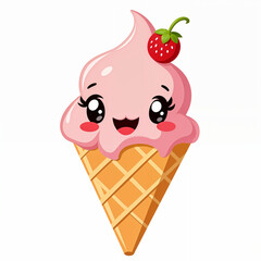 Green Tea Ice Cream in Waffle Cone Cartoon Drawing for Sweet Snack and Delicious Dessert Food Sticker on White Background