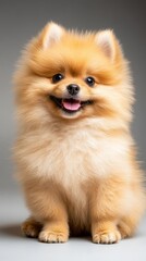 Pomeranian Puppy: A fluffy, adorable Pomeranian puppy, captured in a studio setting, its eyes sparkling with playful curiosity and an endearing expression. 