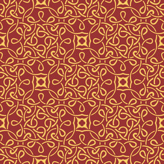 A repeating decorative pattern featuring intertwining lines and shapes in warm tones.