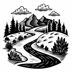 Black and White Mountain Landscape with River and Pine Trees