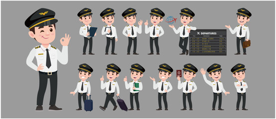 Airline pilot with different poses. vector