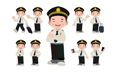 Airline pilot with different poses. vector