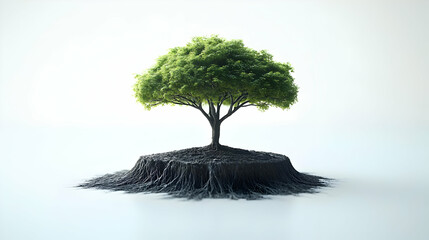 3D Levitating Policy Tree Concept: Wide Shot of Floating Tree with Policy Leaves & Democratic Values Roots on White Background, Showing Interconnectedness of Foundational Principles