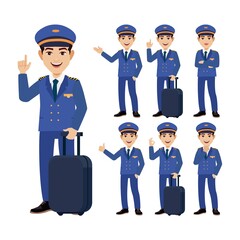 Airline pilot with different poses. vector