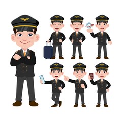 Airline pilot with different poses. vector