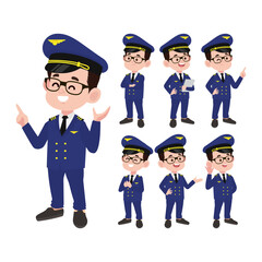 Airline pilot with different poses. vector
