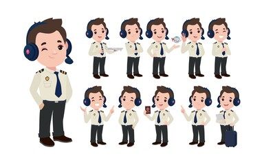 Airline pilot with different poses. vector