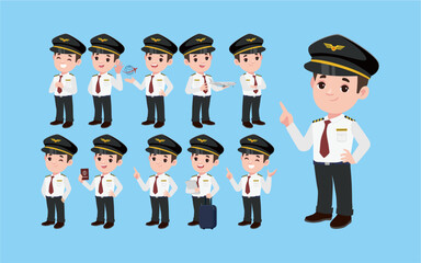 Airline pilot with different poses. vector