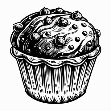 recommend clip art: Vintage Black and White Cupcake Illustration with Berries and Frosting Details