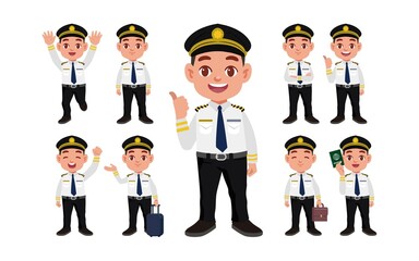 Airline pilot with different poses. vector