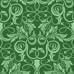 A decorative floral pattern featuring intertwining vines and leaves in varying shades of green.