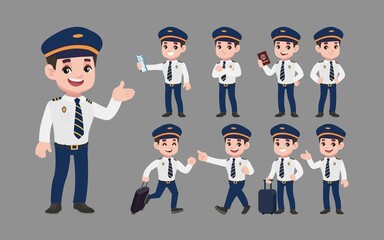 Airline pilot with different poses. vector