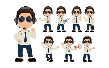 Airline pilot with different poses. vector