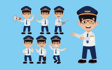 Airline pilot with different poses. vector