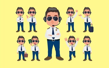 Naklejka premium Airline pilot with different poses. vector