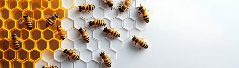 Cartoon-Style Hexagonal Beehive Tiles with Poll Worker Icons: Vibrant Election Day Activities on White Background for Photo Stock Concept