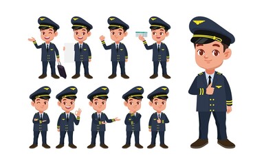 Airline pilot with different poses. vector