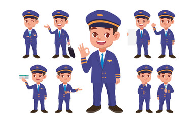 Airline pilot with different poses. vector